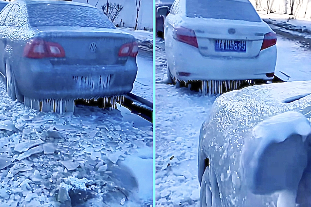 Parked cars in Changchun, China turned into ice sculptures after -20C freeze. Residents used knives and hammers to chip away thick ice coating from vehicles.