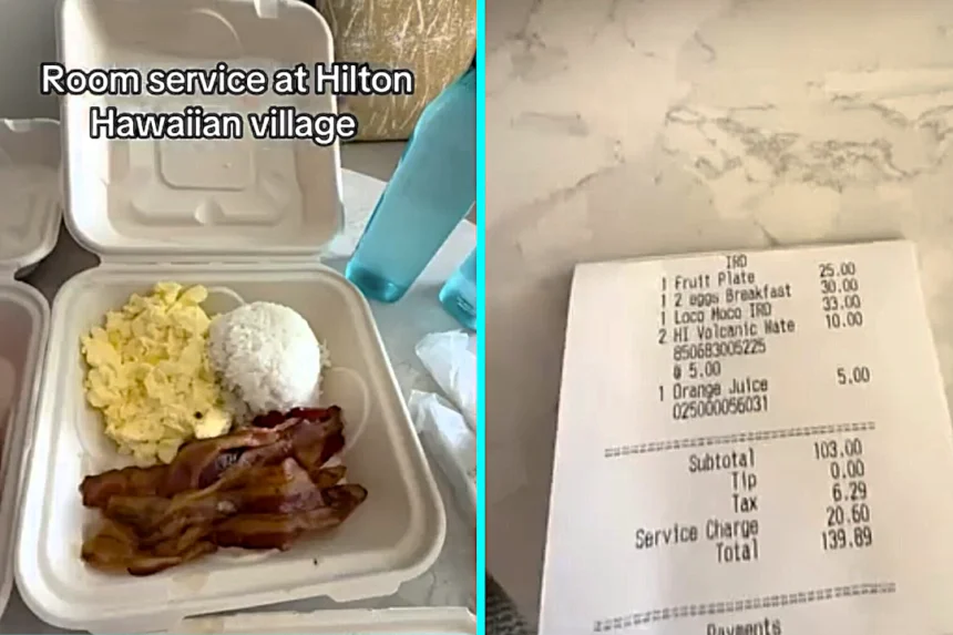 Tourist Tina Patterson sparked backlash after blasting £100 room service at Hilton Hawaiian Village Waikiki, saying the small takeaway style portions were not worth it