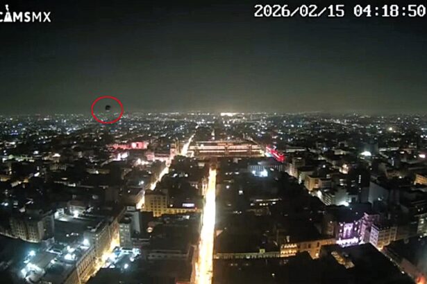 A city webcam filmed a mysterious spherical object gliding over Mexico City at 4:18am, sparking UFO theories online as officials stay silent on the viral sighting