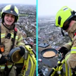 Radio host Dave Goodings conquered his fear of heights to flip and land pancakes from 210ft above Wimbledon Fire Station, setting a record with firefighters below