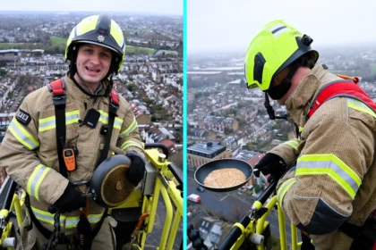 Radio host Dave Goodings conquered his fear of heights to flip and land pancakes from 210ft above Wimbledon Fire Station, setting a record with firefighters below