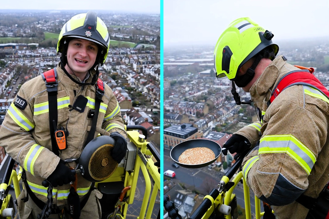 Radio host Dave Goodings conquered his fear of heights to flip and land pancakes from 210ft above Wimbledon Fire Station, setting a record with firefighters below