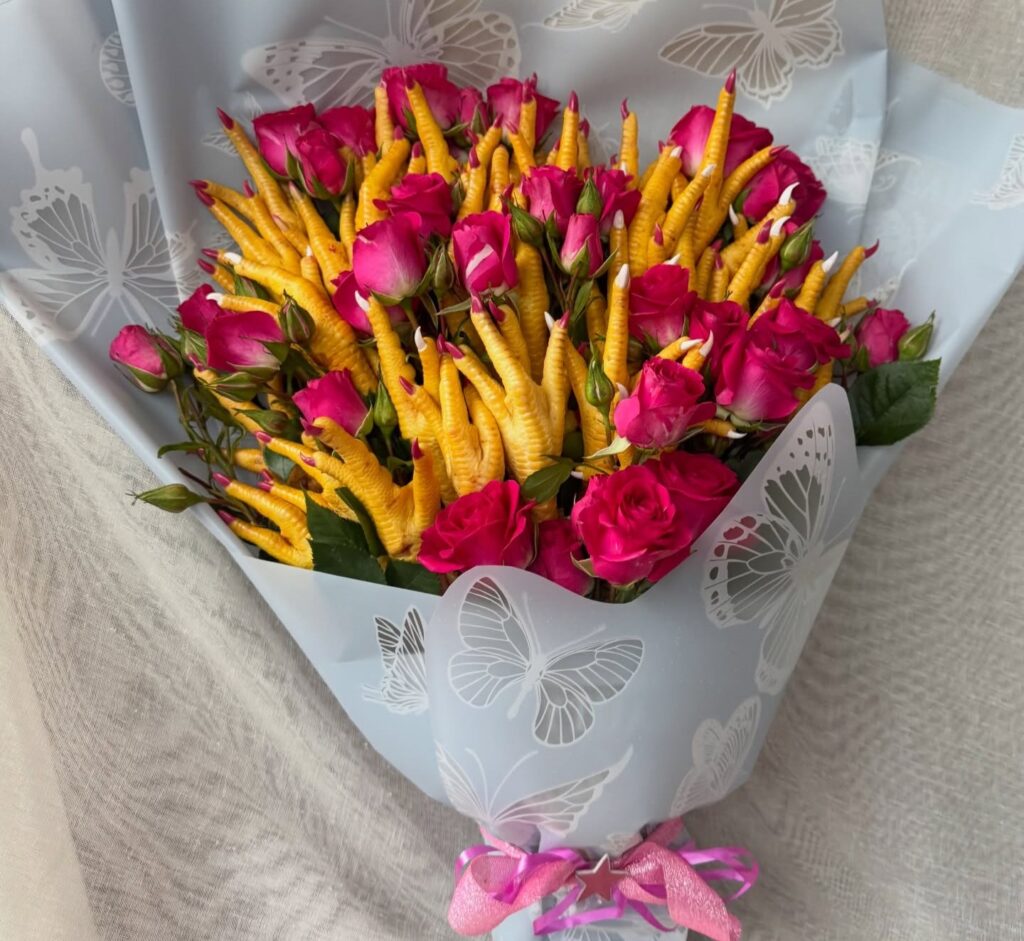 Woman makes bizarre edible bouquets from chicken feet, sushi and crisps. Katya from Georgia's viral creations rack up 460,000 likes. Perfect for Valentine's Day gifts.