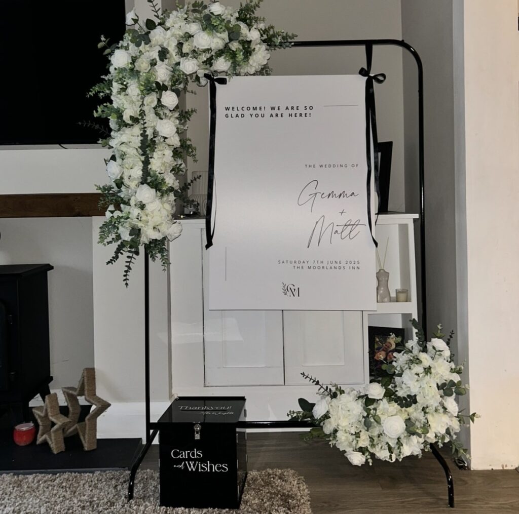 A savvy bride saved £6,000 on her dream black-and-white wedding by ditching pricey suppliers and turning to Temu - even DIYing her own flower arch for £300 instead of paying £800.