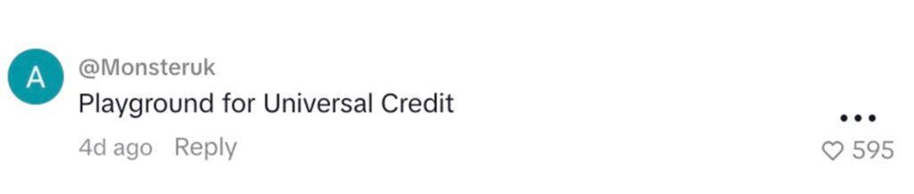Social media comment on the post of British TikToker mocked for calling Benidorm the "new Dubai" and a "playground for the rich." Viewers hilariously disagree, calling it a "playground for Universal Credit."