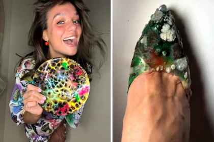 A bio-artist has revealed one of her most unusual creations - a pair of heels made entirely from mould that has fans obsessed with the fuzzy green and white design.