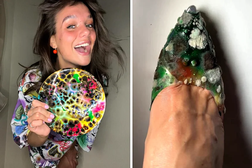 A bio-artist has revealed one of her most unusual creations - a pair of heels made entirely from mould that has fans obsessed with the fuzzy green and white design.