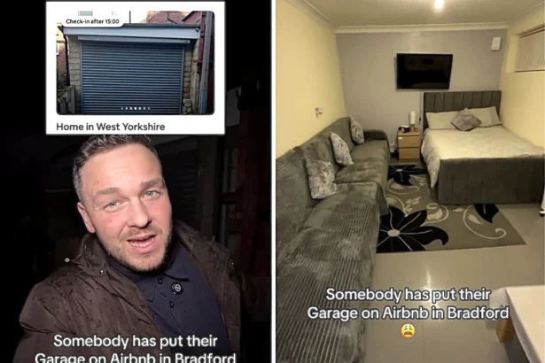 A converted garage in Bradford goes viral on Airbnb, offering a surprisingly cosy stay for £30 with a bed, bathroom and TV behind an electric shutter