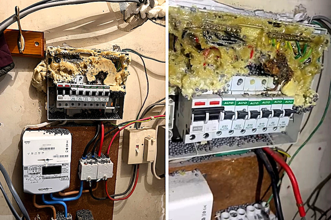 An electrician found black ‘eggs’ on a fuse board, only to discover it was insulation and foam from a DIY fail, creating a serious fire hazard in the Surrey home.