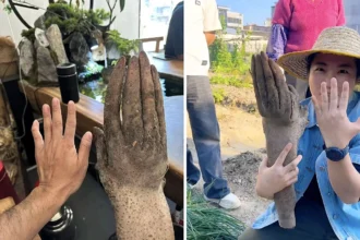 A farmer in Guangdong was shocked to unearth a Chinese yam shaped like a human hand, sparking viral attention and offers up to £875 for the bizarre vegetable.