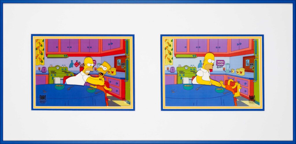 Original animation cels from The Simpsons including Homer strangling Bart scene from Treehouse of Horror XII head to auction with prices starting around £1,000.