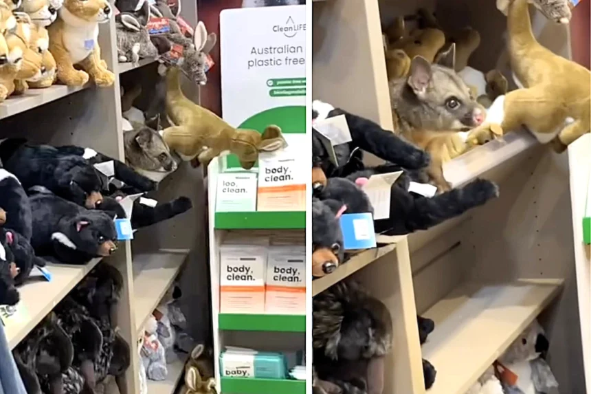 A shopper was stunned to find a real possum hiding among plush toys at an airport store, sparking a scramble by staff to safely remove the unexpected furry stowaway.