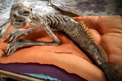 Horrifying mermaid mummy with razor-sharp teeth and a tail fin found in an old Japanese house - and the rare mythical creature is now up for sale at an antiques market.