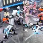 A humanoid robot crashed to the ground and shattered into pieces after slipping from a robotic arm during a live science show in Shanghai - leaving the audience stunned.