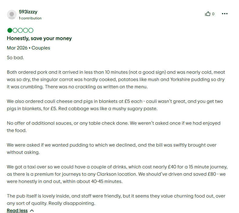 Jeremy Clarkson's pub slammed with scathing reviews as diners ridicule robotic servers, cold food and a production line setup - comparing the experience to eating at McDonalds.