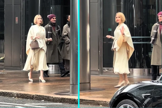 Angelina Jolie spotted strutting through Canary Wharf in a white gown and blonde bob - leaving Londoners stunned while filming her new comedy movie Anxious People.