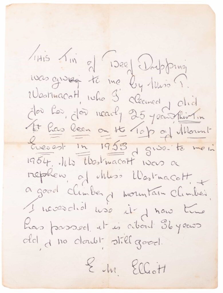 A 70-year-old beef tin from the first 1953 Mount Everest ascent has sold for £500 to a record-breaking British climber, blending history with personal legacy.