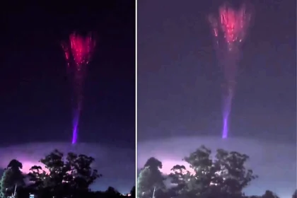 Incredibly rare blue jet lightning was filmed shooting upwards into the sky during a fierce thunderstorm in Argentina - a phenomenon seen in just one in every 1,000 storms.