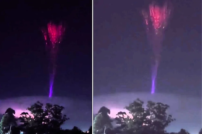 Incredibly rare blue jet lightning was filmed shooting upwards into the sky during a fierce thunderstorm in Argentina - a phenomenon seen in just one in every 1,000 storms.