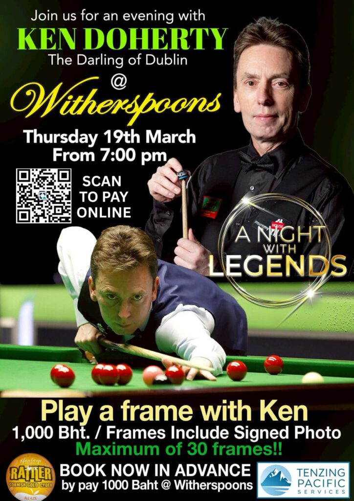 Snooker fans fly 6,000 miles to play world champion Ken Doherty at a Wetherspoons dupe in Thailand - paying just £23 for a frame and a signed photo at a pub selling £2.83 pints.
