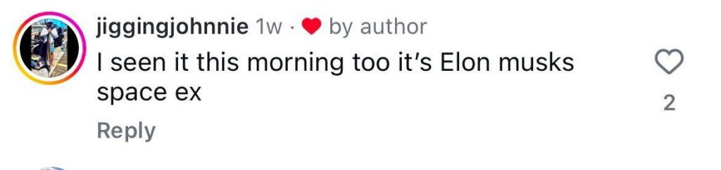 Social media comment on the post of A stunned fisherman claims he spotted an alien UFO hovering above a Florida motorway - pulling out his phone to film the glowing object sparking debate online about SpaceX.