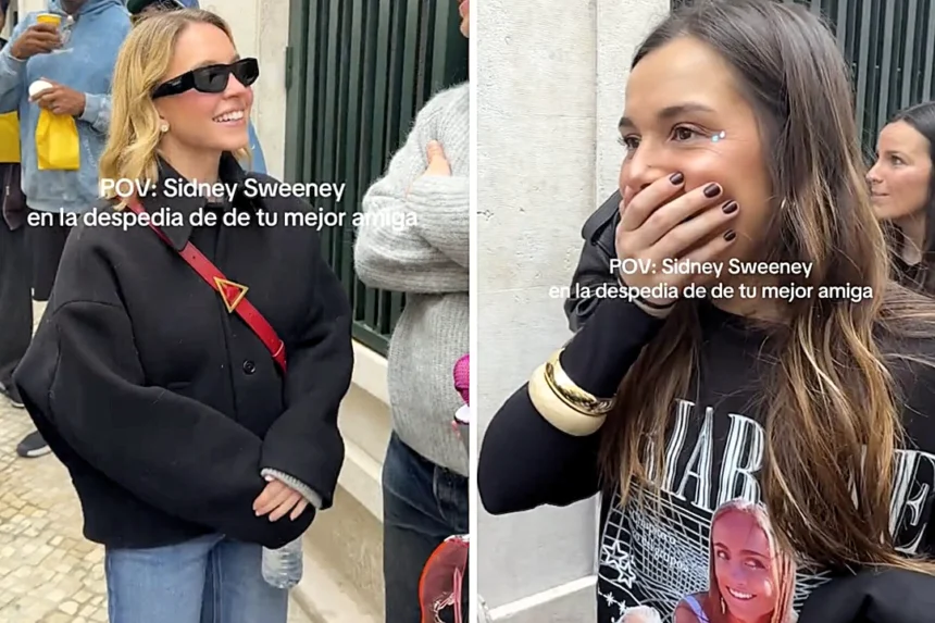 Hollywood star Sydney Sweeney crashes a bachelorette party in Lisbon - chatting with the bride and posing for photos as the viral TikTok encounter racks up 362000 views.