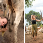 A travel influencer shocked fans after washing her hair in cow urine as part of the Mundari tribe spa experience in South Sudan - squatting under a cow as part of the ritual.