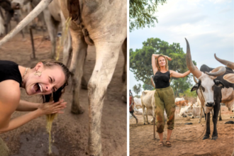 A travel influencer shocked fans after washing her hair in cow urine as part of the Mundari tribe spa experience in South Sudan - squatting under a cow as part of the ritual.
