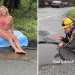 A fed-up Brit has gone viral after stripping down to a bikini for a Baywatch-style stunt next to a pothole - racking up 15 million views in her campaign against the UK's crumbling roads.