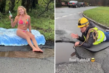 A fed-up Brit has gone viral after stripping down to a bikini for a Baywatch-style stunt next to a pothole - racking up 15 million views in her campaign against the UK's crumbling roads.