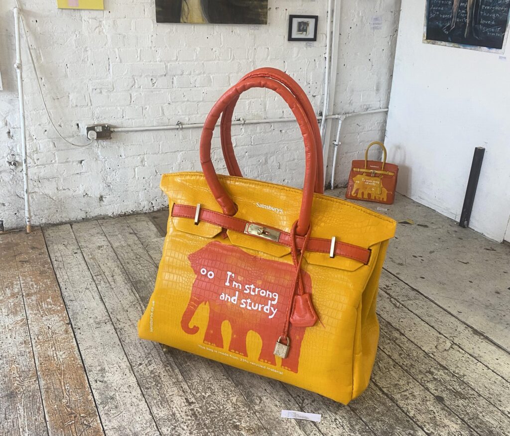 An artist is selling a supersized Sainsbury's bag for life inspired by the Hermes Birkin for £740,000. Vinay Hathi has also made giant versions of Sports Direct and Primark bags.