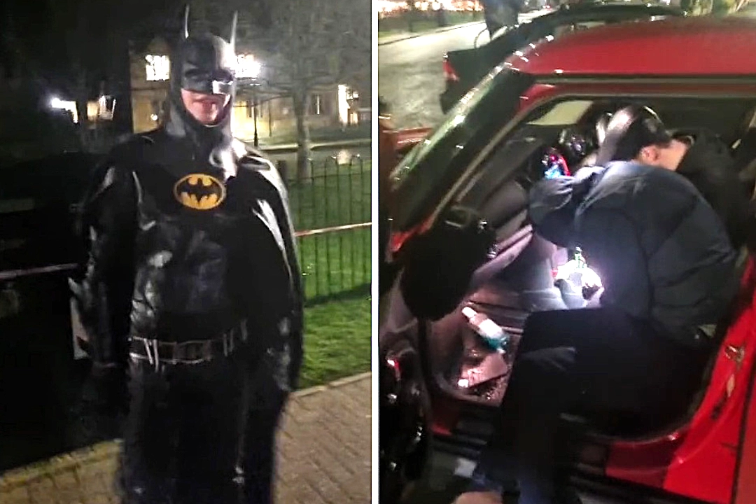 Two Brits got their car stuck in a Cotswolds river and could not believe it when Batman turned up to help. The bizarre rescue clip has gone viral with over 490,000 views.