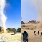 A dramatic dust devil sent visitors scramblinag for cover as it tore through a famous Chinese Western film studio - but officials say it caused no damage and the park stayed open.