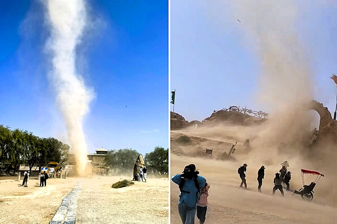 A dramatic dust devil sent visitors scramblinag for cover as it tore through a famous Chinese Western film studio - but officials say it caused no damage and the park stayed open.