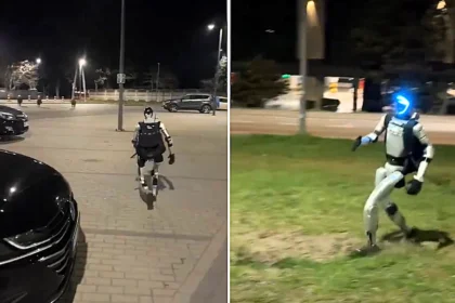 A humanoid robot named Edward was filmed chasing wild boars off the streets of Warsaw while shouting go away in Polish. The bizarre clip has racked up 5.4 million views online.