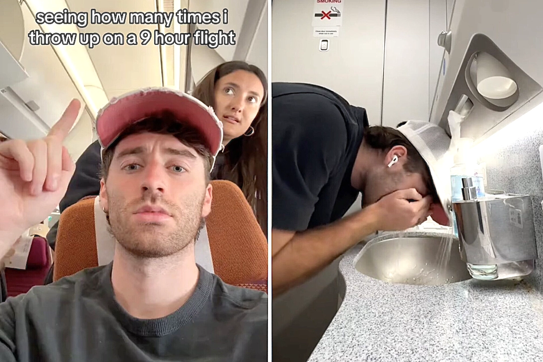 Influencer Carmie Sellitto slammed for flying nine hours while vomiting from food poisoning - he refused to miss his £800 flight and spent an hour being sick in the toilet.