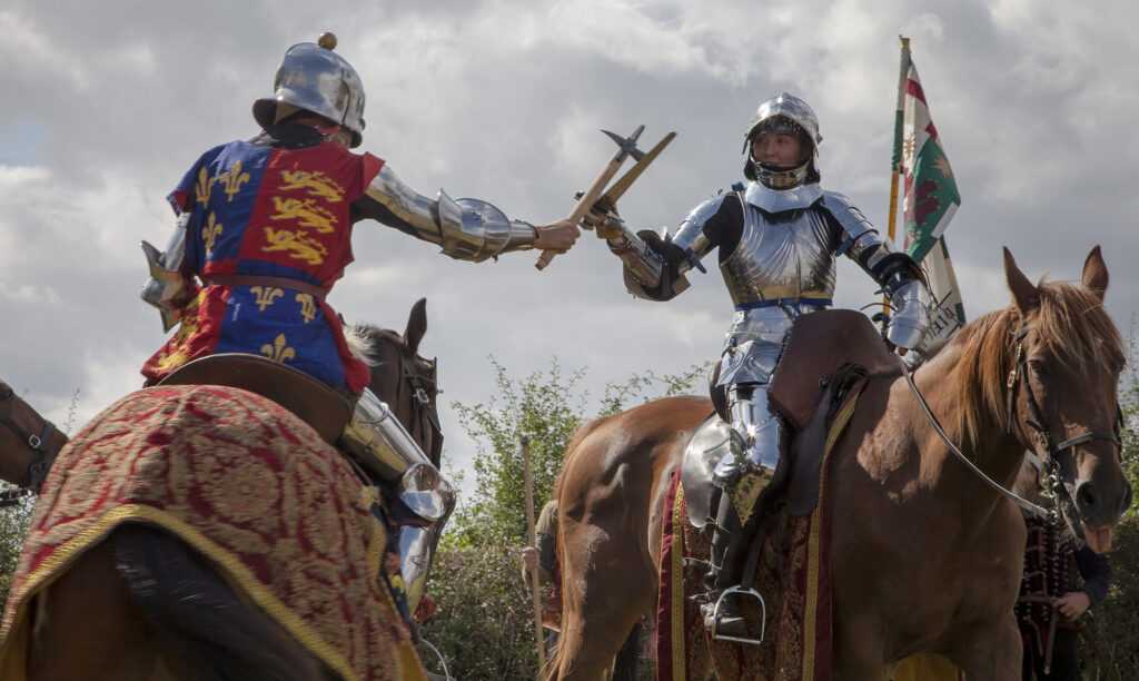 A knight proposed to his lady jouster in full armour after a tournament at a British armoury museum, leaving her in tears after 12 years of friendship finally turned to romance.