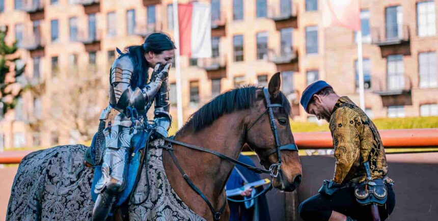 A knight proposed to his lady jouster in full armour after a tournament at a British armoury museum, leaving her in tears after 12 years of friendship finally turned to romance.