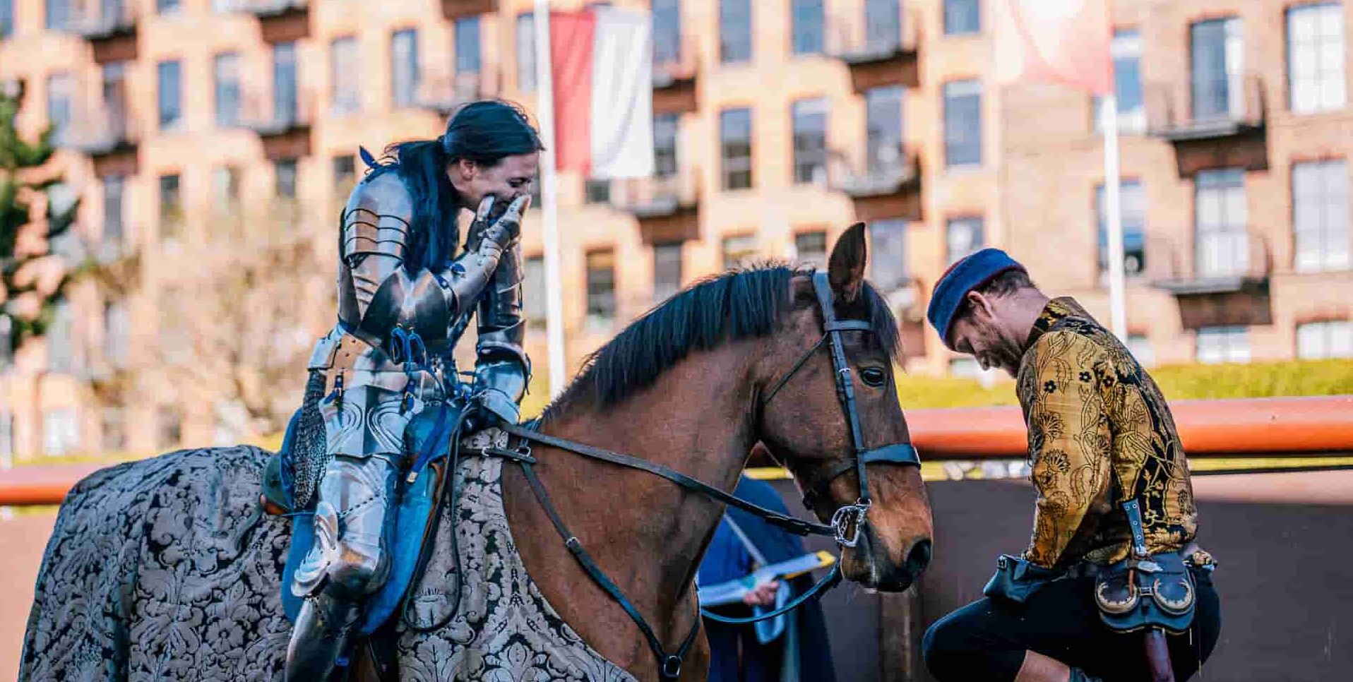 A knight proposed to his lady jouster in full armour after a tournament at a British armoury museum, leaving her in tears after 12 years of friendship finally turned to romance.