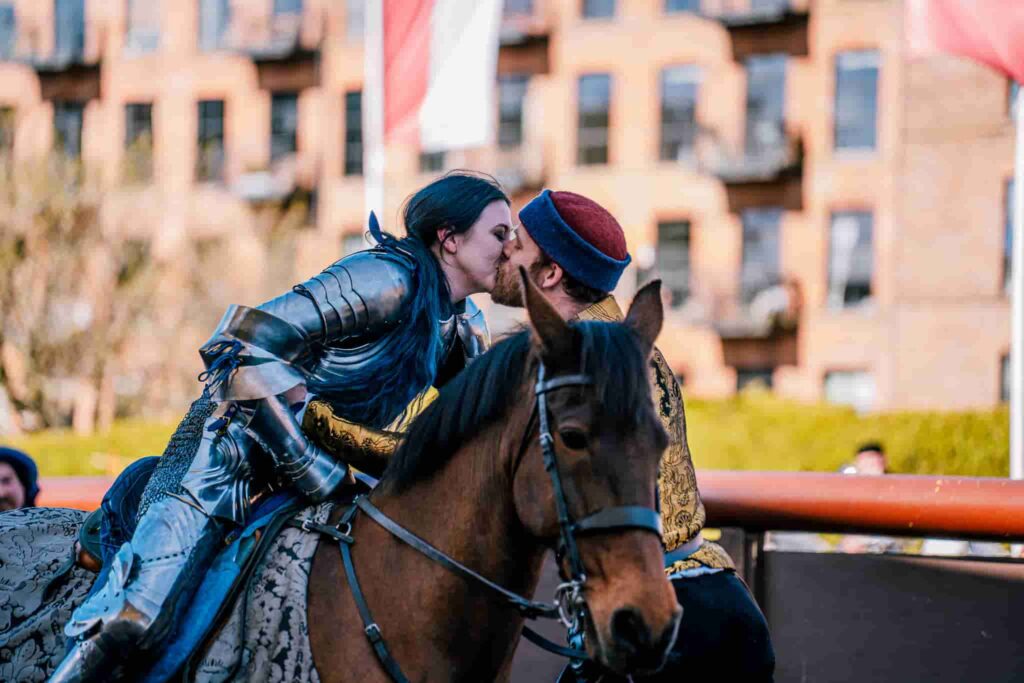 A knight proposed to his lady jouster in full armour after a tournament at a British armoury museum, leaving her in tears after 12 years of friendship finally turned to romance.