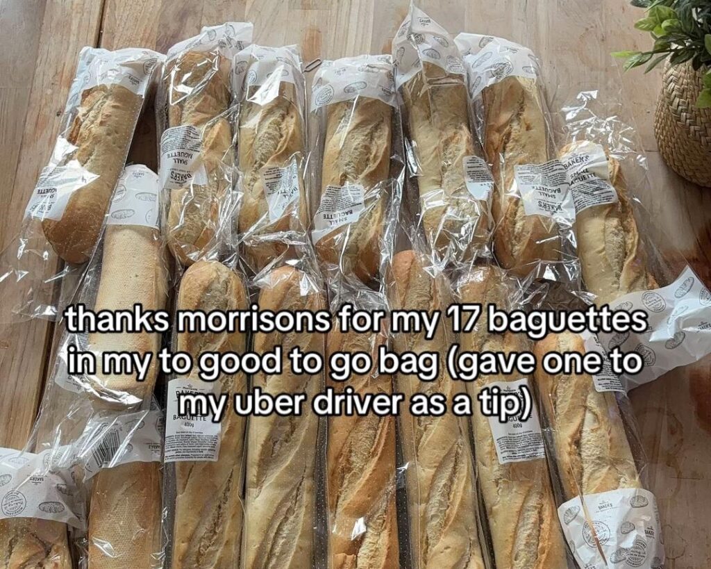 A shopper who paid £2.33 for a Morrisons Too Good to Go bag was left gobsmacked after pulling out 17 baguettes - and ended up tipping her Uber driver with one of them.