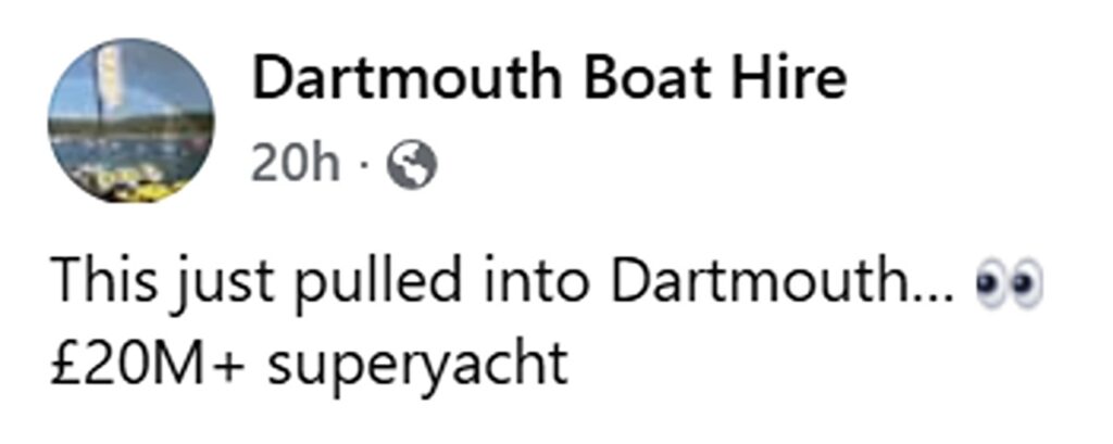 Social media comment on the post of Superyacht Mosaique worth over £10m sails into Dartmouth where King Charles trained for the navy - the 165ft vessel costs £175,000 a week to charter plus expenses.