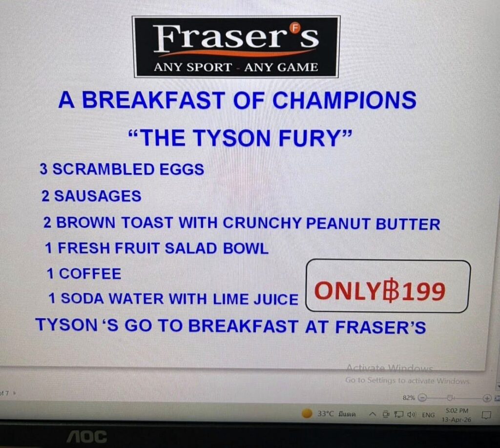 Tyson Fury's monster 1,500-calorie breakfast has been revealed - sausages, scrambled eggs and peanut butter. The £5 meal fuelled his 16-week comeback camp in Thailand.