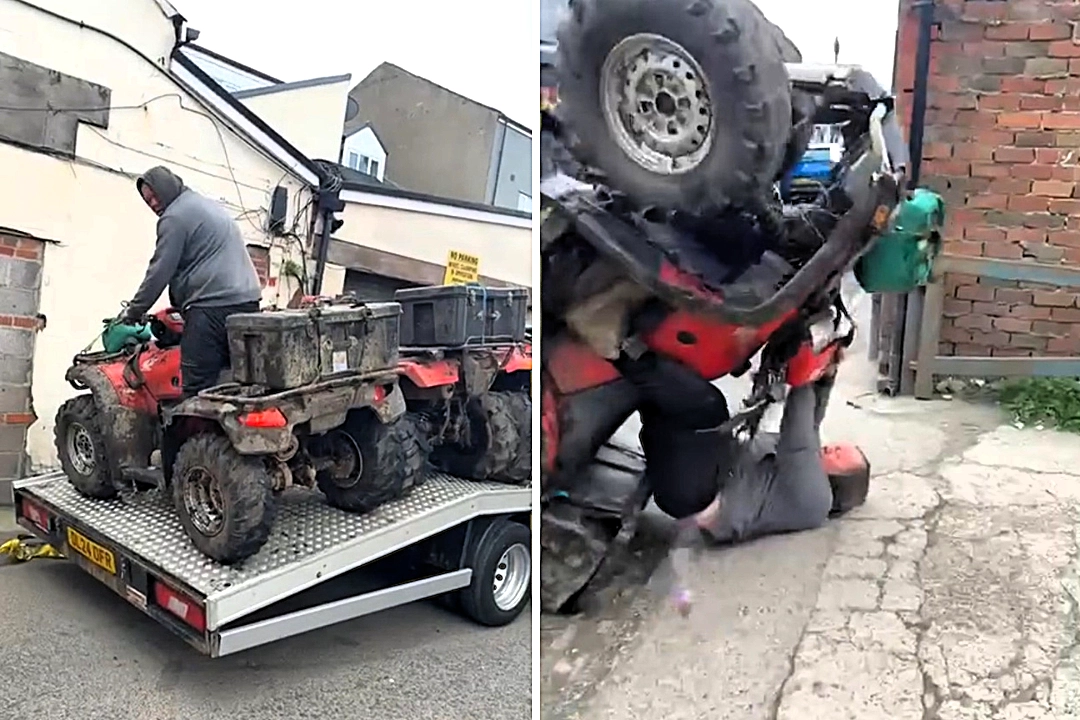 A worker cheats injury after a quad bike flips in a freak accident, performing a somersault while seated before walking away unharmed as stunned colleagues watch.