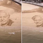 Beach artist Fred Brown creates stunning sandy portrait tribute on Bridlington beach to mark Sir David Attenborough's 100th birthday - left deliberately unfinished.