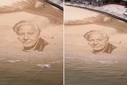 Beach artist Fred Brown creates stunning sandy portrait tribute on Bridlington beach to mark Sir David Attenborough's 100th birthday - left deliberately unfinished.