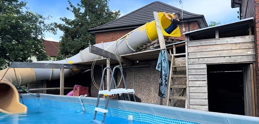 Mancunian dad Liam Tandy, 40, has gone viral after transforming his back garden into a mini waterpark with a huge twisty slide for his boys.