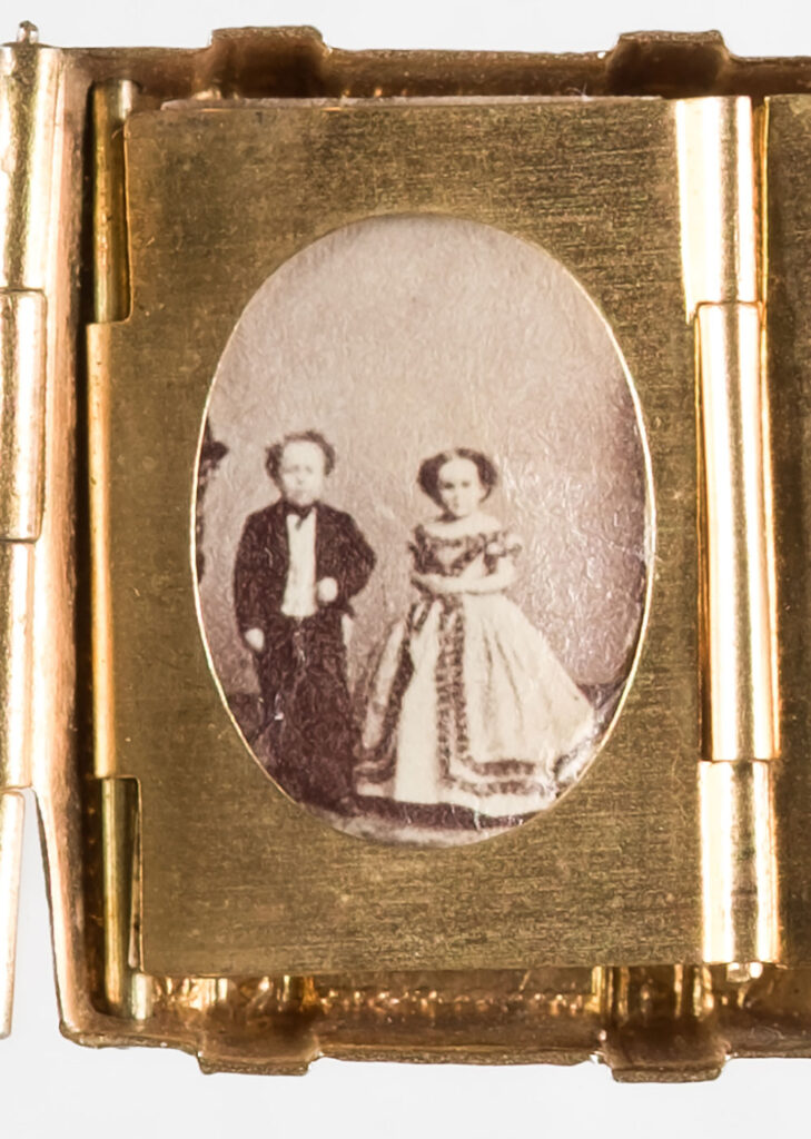 A rare Victorian miniature brass locket celebrating General Tom Thumb and Lavinia Warren's 1863 celebrity wedding goes to auction in Gloucestershire this week.