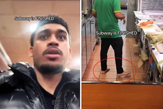 A Subway worker was filmed serving customers barefoot behind the counter in Staines, with the shocking clip racking up over 1.1 million views and leaving hygiene-conscious viewers stunned.
