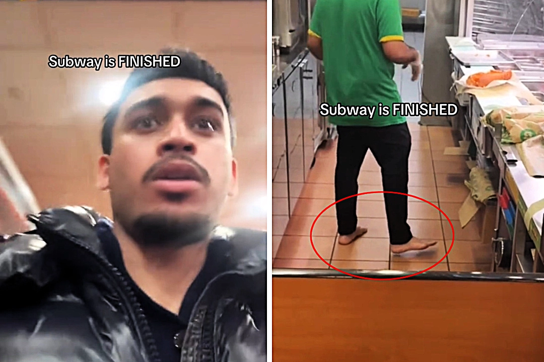 A Subway worker was filmed serving customers barefoot behind the counter in Staines, with the shocking clip racking up over 1.1 million views and leaving hygiene-conscious viewers stunned.